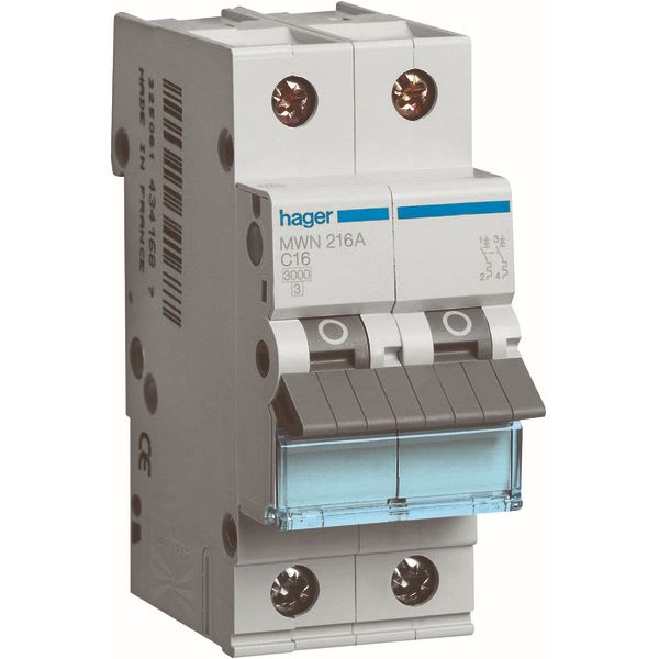 HAGER - Automaat 3kA - C - 2P - 16A - 2M  
