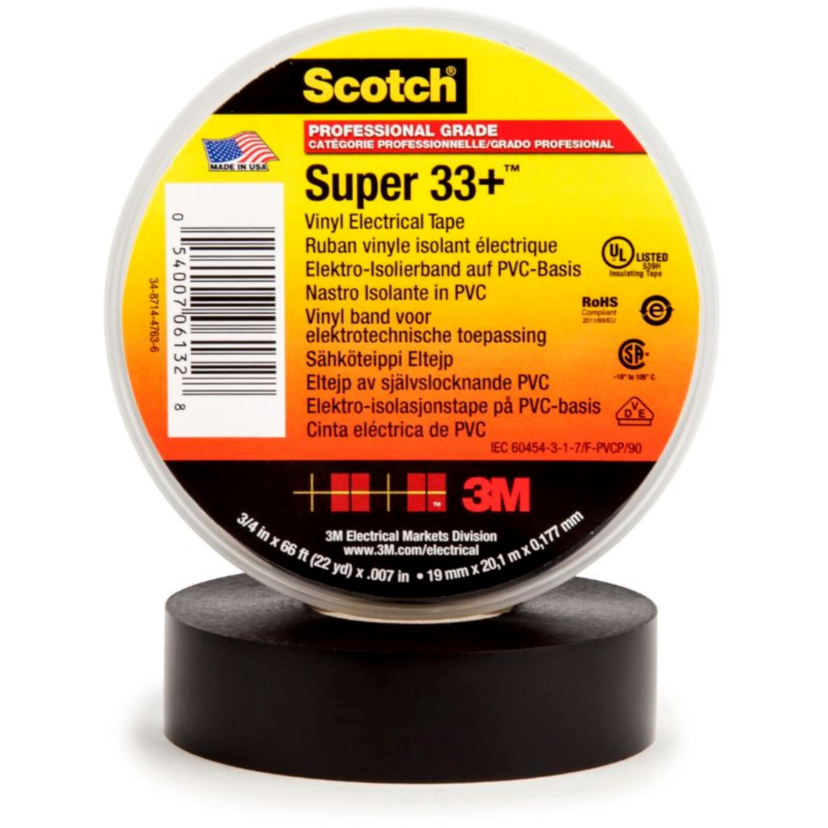 3M - Scotch Super 33+ Vinyl elektrische isolatietape, zwart, 19mm x 20m, 0,18mm