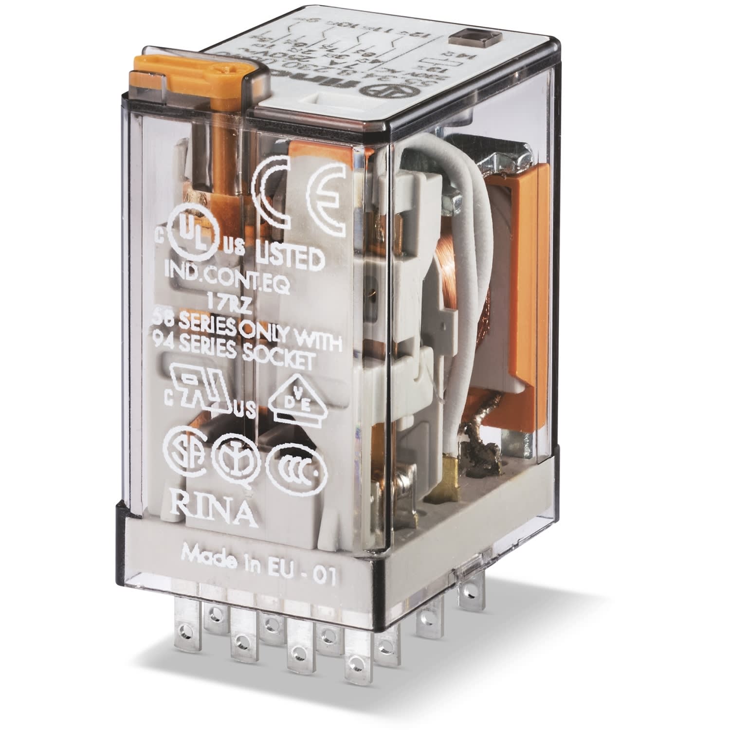 FINDER - Industrieel relais miniatuur 7A 24V DC 4 CO, insteek, testknop + LED(DC) + stan