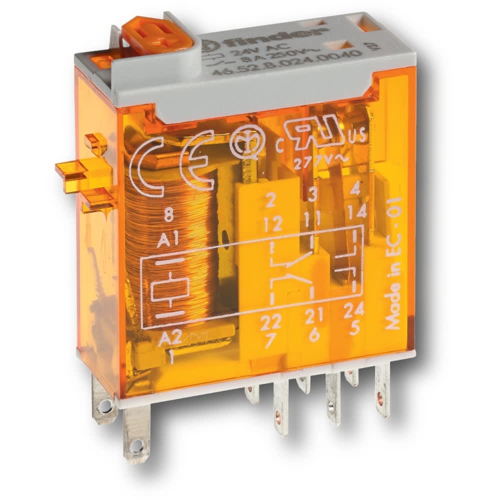 FINDER - Industrieel relais mini 8A 24V DC 2 CO, insteek-/soldeer, testknop+LED(DC)+stan