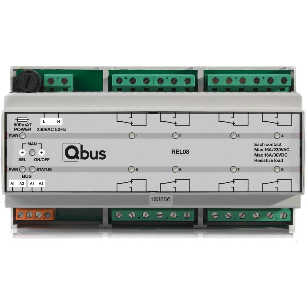 Qbus - Relaismodule (8x 16A) met manuele bediening en LED indicatie