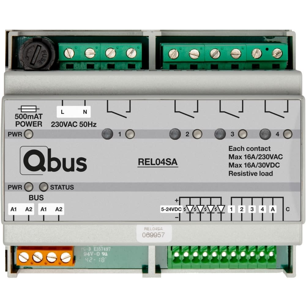 Qbus - Relaismodule (4x 16A potentiaalvrij) met manuele bediening, 5 ingangen (LED)