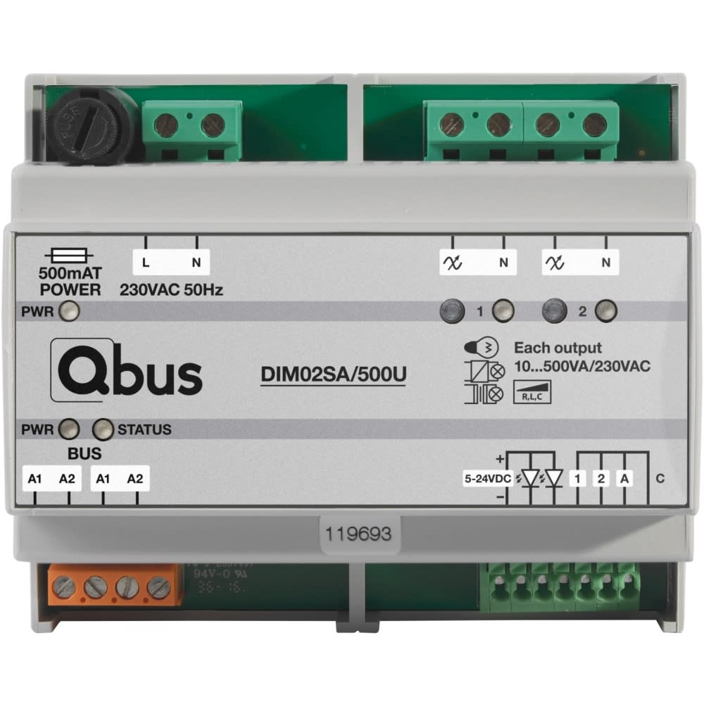 Qbus - Dimmermodule (2x 500VA) Universeel met 3 ingangen en LED terugmeldingsoptie