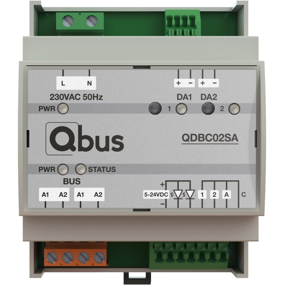 Qbus - Module Dali broadcast, 2 canaux pour 64 addresses DALI, 3 entrées + option LED