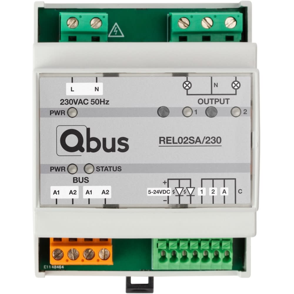Qbus - Relaismodule (2 uitgangen 16A 230V) met manuele bediening, 3 ingangen (LED)