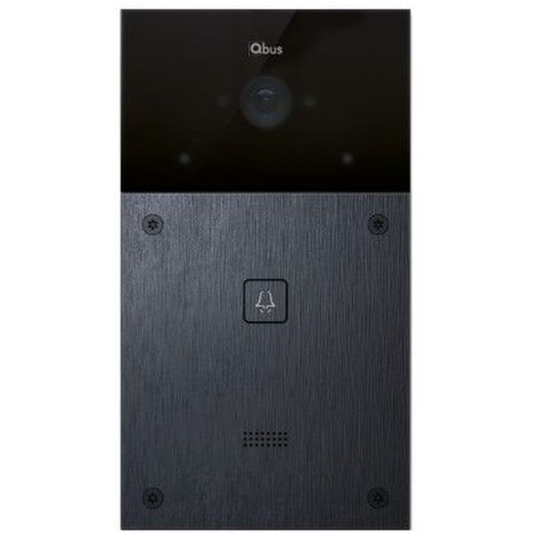 Qbus - deurstation zwart geborsteld aluminium, 1 belknop, IP65, voor inbouw en opbouw