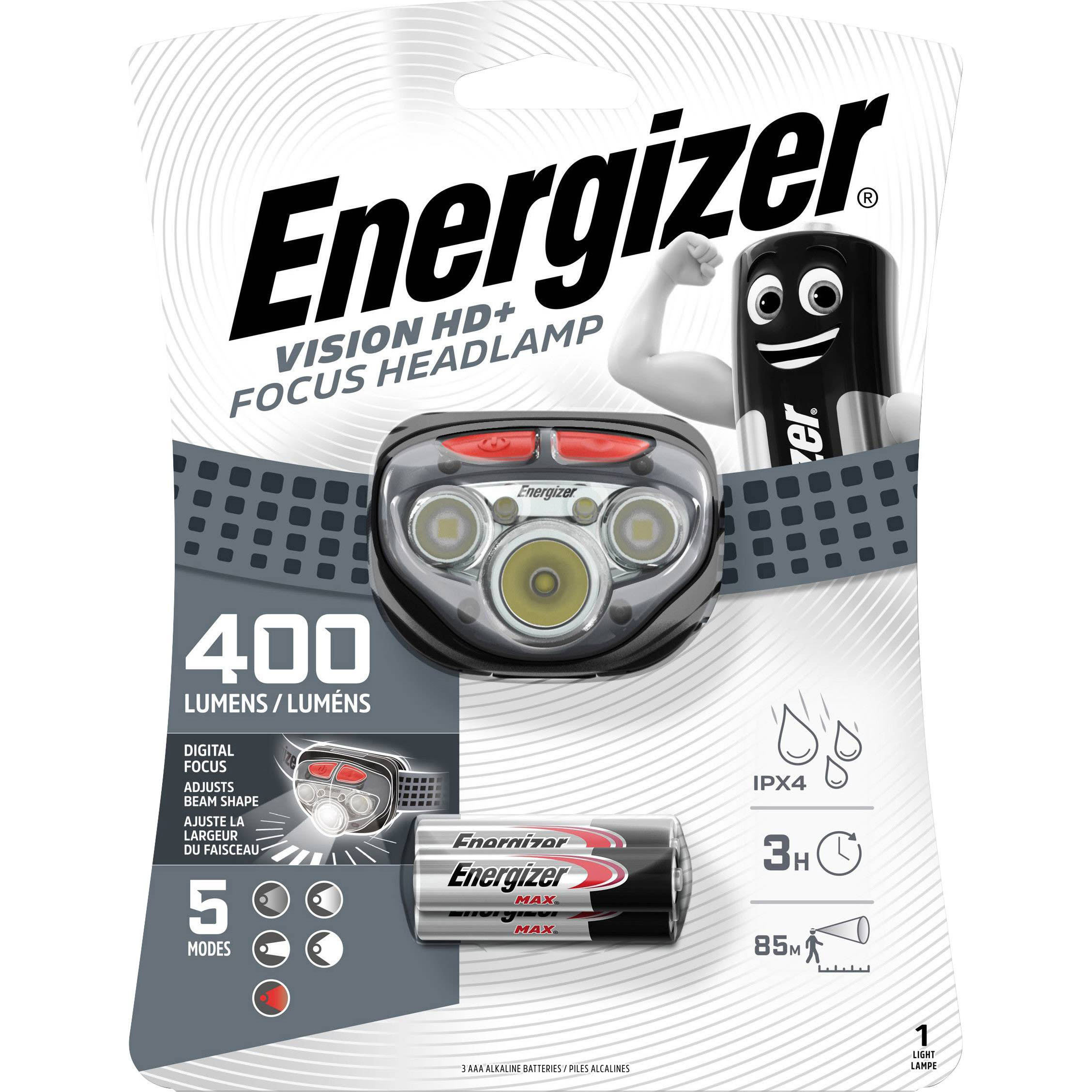 Energizer - Hoofdlamp 5 LED Vision HD+ Focus, 400/45/180lm, bereik 85/30m, IPX4 + 3x AAA