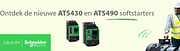 gele, groen banner van Schneider met ontdek de nieuwe ATS430 en ATS490 softstarters